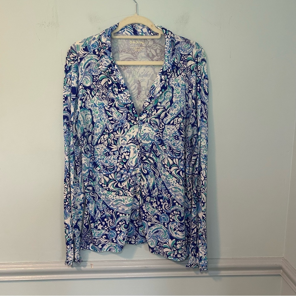 Lilly Pulitzer Royal Purple Animals Green Ruffle Button-up Pajama Top Size Large